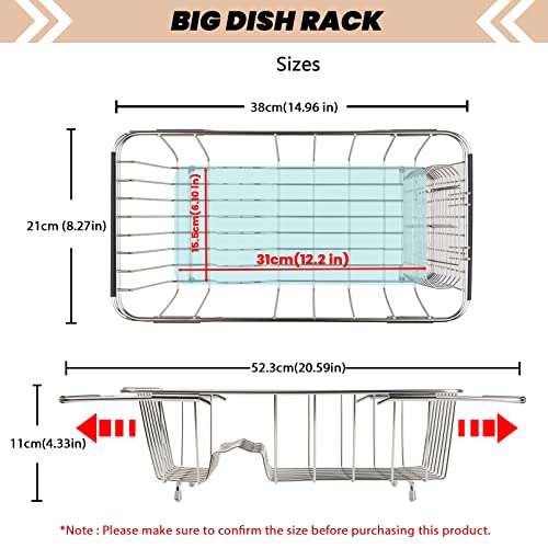 Sink Dish Drainer Rack, Expandable Stainless Steel Dish Drying Rack | 304 Stainless Steel Sink Rack with Utensil Holder, Adjustable 14.96"-20.59", Fits Inside Sink, Holds Up to 7 Upright Utensils