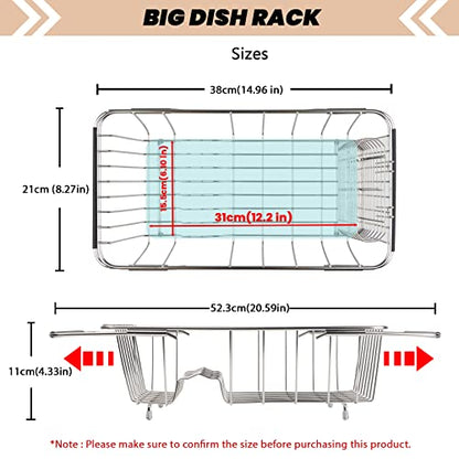 Sink Dish Drainer Rack, Expandable Stainless Steel Dish Drying Rack | 304 Stainless Steel Sink Rack with Utensil Holder, Adjustable 14.96"-20.59", Fits Inside Sink, Holds Up to 7 Upright Utensils