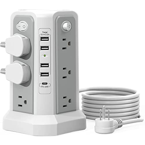 Surge Protector Power Strip Tower 10FT (4A1C) with PD18W USB C Port | Extension Cord with 12 AC Mutiple Outlets 5 USB Charging Ports, Power Tower for Home Office Dorm Room, Grey White