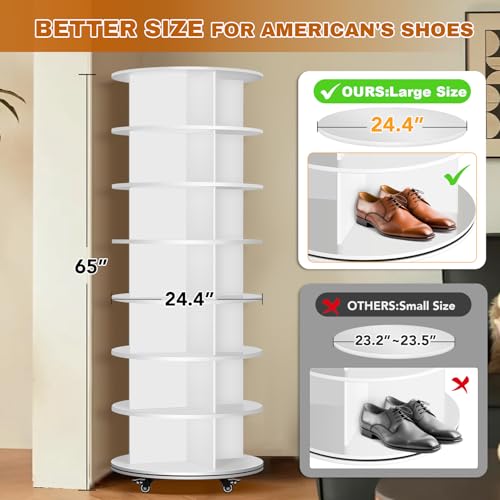 7 Tier Rotating Shoe Rack with 4 Universal Wheels, 360° Revolving Free Standing Shoe Organizer, Multifunctional Storage Revolving Shoe Rack Tower, Spinning Shoe Racks Display Lazy Susan Equipped