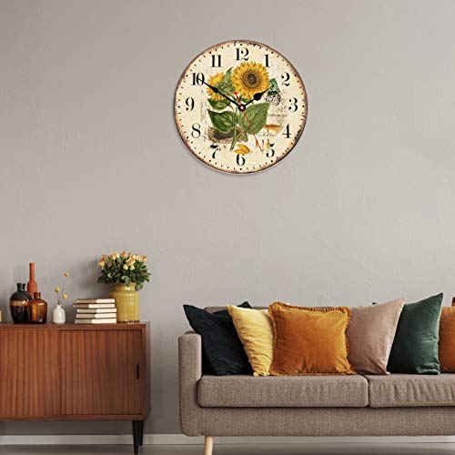 TAHEAT 14 Inch Beautiful Sunflower Wall Clock, Vintage Country Floral Silent Non Ticking Clocks, Wooden Round Easy to Read Wall Clock for Kitchen/Living Room/Bedroom/Bathroom