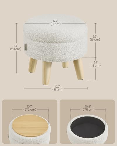 SONGMICS Storage Ottoman, Foot Stool, Foot Rest with Wood Legs | Small Table for Hallway, Living Room, 12.2 Inches, Teddy Fleece, White ULOM515WD01