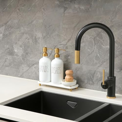 Gold Soap Dispenser Set Comes with Stainless Steel Pumps | Instant Dry Tray and Dish Scrub Brush, Suitable for Kitchen Decor and Accessories