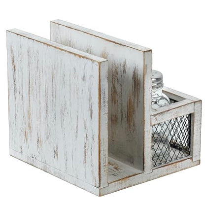FARM IN Napkin Holder, Farmhouse Multifunctional Napkin Holder with Salt and Pepper Shakers Holder for Home and Commercial Use, Rustic Solid White Washed Wood & Diamond Metal Wire Mesh