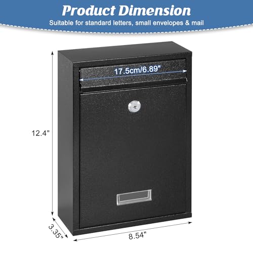 KYODOLED Mailbox for Outside, Wall Mount Locking Mailbox, Security Drop Box with Key Lock for Letters, Cash, Cards, Steel Mail Box for House Office School, 12.4H x 8.54L x 3.35W Inches, Black