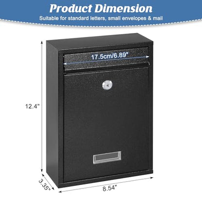 KYODOLED Mailbox for Outside, Wall Mount Locking Mailbox, Security Drop Box with Key Lock for Letters, Cash, Cards, Steel Mail Box for House Office School, 12.4H x 8.54L x 3.35W Inches, Black