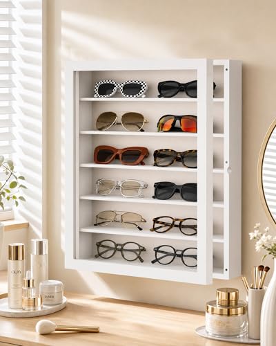 TJ.MOREE Sunglass Organizer Wall Mounted Glasses Holder Display Case 6 Tier | 13 x 15.6 inches Wooden Storage Box for Multiple Pairs Eyeglasses Sports Sunglasses
