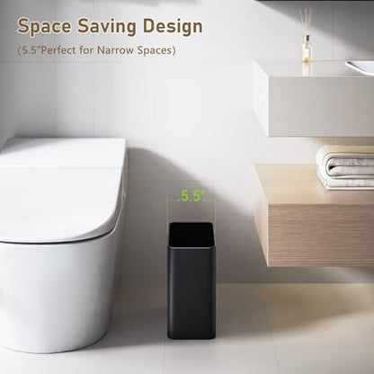 Small Bathroom Trash Can 2.4 Gallon Wastebasket, Slim Metal Garbage Can Matte Black Stainless Steel Trash Bin for Bedroom,Office,Kitchen,Toilet, rv, Near Desk, Under Sink