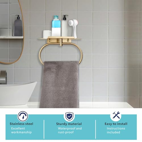 Towel Ring with Shelf, Heavy Duty Stainless Steel Bathroom Hardware, Adhesive No-Drill or Drill Mount Wall Mounted Towel Holder for Bathroom and Kitchen (Gold)