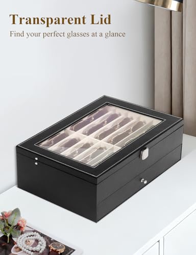 Sunglasses Storage Organizer Case with 24 Adjustable Slots, 2 Layer Multi Eyeglass Glasses Display Box with Lid Women