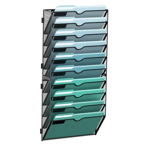 10-Tier Wall File Organizer, Hanging File Holder, Wall Mounted Mail Sorter | Metal Mesh Hanging File Organizer with Open Compartments and Label Panels for Papers and Folders at Home, Office or School