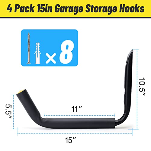 GEEDAR Heavy Duty Garage Storage Hooks -120 LB Capacity, 4packs, 15" Wall Mounted Rack for Hanging Kayak, Paddle Board, Ladders, Bikes Enforced Kayak Storage Hanger