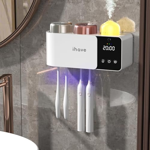 iHave Toothbrush Holder Aromatherapy Diffuser Wall Mount UV Sanitizer 2-Cup | Auto-Cycle Disinfection UV-C Toothbrush Sanitizer, Aromatherapy Diffuser, Timer, Drying & IR Night Light, Bathroom Organizer
