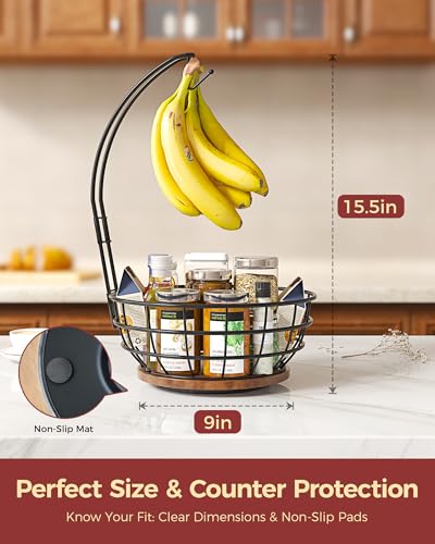 360° Rotating Fruit Bowl for Kitchen Counter with Banana Holder | Stable Metal Basket with Wooden Lazy Susan Base, Upgraded Banana Hanger Prevents Bruising, Ideal for Fruits, Bananas & Snacks