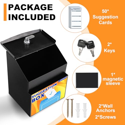 Suggestion Boxes with Magnetic Sign Holder, Metal Donation Boxes | Wall Mounted Ballot for Fundraising and 50 Free Suggestion Cards, with 2 Keys 8.4 x 5.8 x 7.0 inch,Black