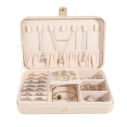LANDICI Small Jewelry Box for Women Girls, PU Leather Travel Jewelry Case, Portable Jewelry Organizer Storage Holder Display for Ring Earrings Necklace Bracelet Brooch Men Kids Gift, Apricot