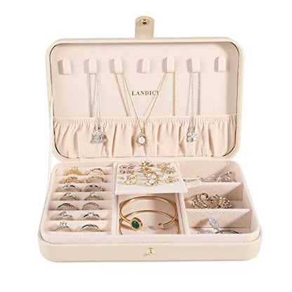 LANDICI Small Jewelry Box for Women Girls, PU Leather Travel Jewelry Case, Portable Jewelry Organizer Storage Holder Display for Ring Earrings Necklace Bracelet Brooch Men Kids Gift, Apricot