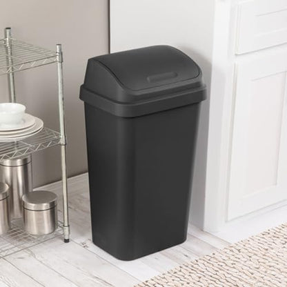 Sterilite Swing Top Wastebasket, Trash Can, 13 Gallon, Black, 4-Pack | Sleek Square Profile Modern Garbage Bin for Kitchen, Bathroom, Garage and Workspace, Fits 13 Gal Liners