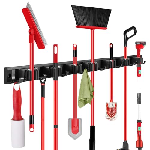 2 Pack Wall Mount Broom Holder with Sliding 3 & 4 Racks 4 Hooks，Mop Hanger | 15-30'' Broom Hanger Wall Mount,Aluminum Alloy Broom Holder Wall Mount,Broom and Mop Organizer Wall Hanging,Broom Holder