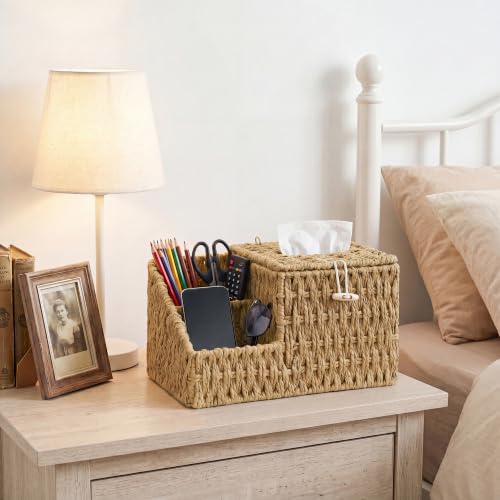 Tissue Box Cover with Storage, Wicker Paper Rope Square Tissue Box Holder | Tissue Remote Control Holder,Handwoven Decorative Cube Tissue Box Organizer for Bedroom Nightstand End Table,Natural