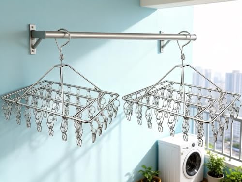 2 Pack Stainless Steel Sock Drying Racks with 80 Clips | 360° Rotatable Hanging Laundry Organizer for Hats, Bras, Baby Clothes, Underwear, Herbs, Towels, Gloves and Other Accessories