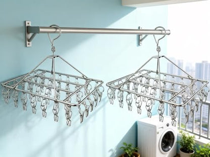2 Pack Stainless Steel Sock Drying Racks with 80 Clips | 360° Rotatable Hanging Laundry Organizer for Hats, Bras, Baby Clothes, Underwear, Herbs, Towels, Gloves and Other Accessories