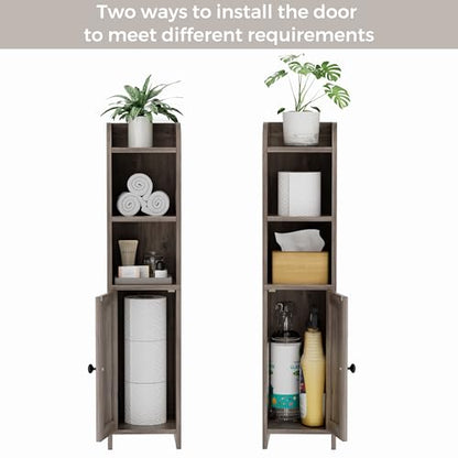 Small Bathroom Storage Cabinet, Narrow Toilet Paper Cabinet | Corner Floor Cabinet with Door and Shelves, Slim Bathroom Cabinet for Small Spaces, 7.9" D x 7.1" W x 31" H, Greige