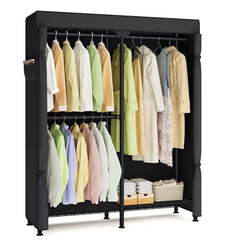 SONGMICS Clothing Rack, Heavy-Duty Garment Rack with Adjustable Storage Shelves and Hanging Rails, Fabric Cover, Freestanding Portable Wardrobe Closet, Ink Black ULGR424BH01