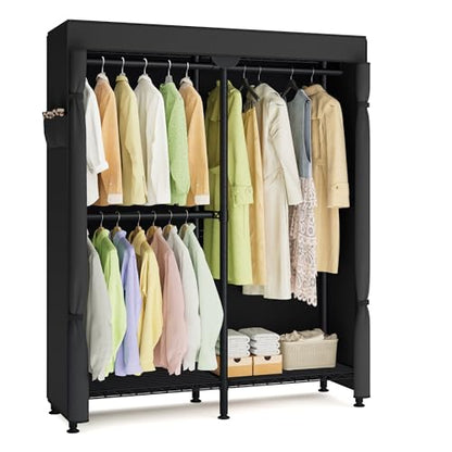SONGMICS Clothing Rack, Heavy-Duty Garment Rack with Adjustable Storage Shelves and Hanging Rails, Fabric Cover, Freestanding Portable Wardrobe Closet, Ink Black ULGR424BH01