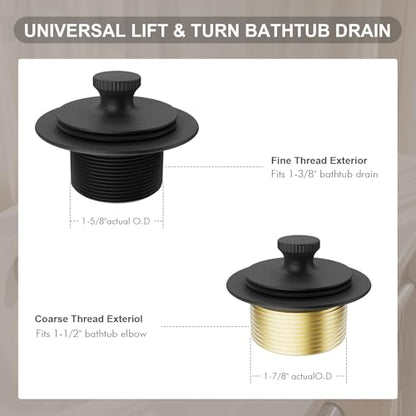 Bathtub Drain Stopper Tub Trim Set with Two-Hole Overflow Faceplate | 11.5/16 UNC Tub Drain Hair Catcher, Premium Brass Lift and Turn Twist Tub Drains Replacement Trim Kit, Matte Black