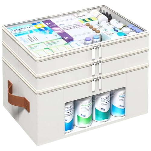 Medicine Organizer for Cabinet, 3-Tier, Beige | Foldable Storage Box, Fabic Medicine Organizer, Clear PVC Cover, Leather Handle, Empty First Aid Kit for Home and Travel