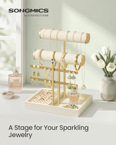 SONGMICS Bracelet Holder Stand, Jewelry Display Stand, Jewelry Organizer, with 2 Tiers and Velvet Tray, Earring Organizer, Removable Ring Holder, Cream White and Pale Gold UJJS046W101