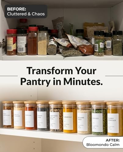Glass Spice Jars with Label Pack (12x Bamboo Lid Glass Jar) Small 6oz Empty Spice Storage Bottles with 112 Printed Stickers and 48 Writable Pantry Labels for Seasoning Containers