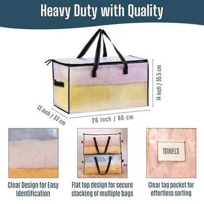 VENO Moving Bags, Storage Bags, Wide Open Top, Clear, 4 Pack | Moving boxes Alternative, Heavy Duty, Packing Supplies, Clothes and Comforter Storage, College Dorm Essentials