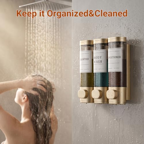 Shampoo and Conditioner Dispenser,Shower Soap Dispenser 3 Chamber No Drill Wall-Mounted for Bathroom & Hotel Leak-Proof Pumps, for Thick Liquids Like Conditioner - 1050ML High Capacity,Gold