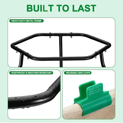 Aobiono Leaf Trash Bag Holder Stand, Garbage Bag Support Frame for 30-55 Gallon Lawn Bags, for Yard Kitchen Garden Outdoor Camping Waste, with Reusable Bag Clips, Heavy Duty (Black)