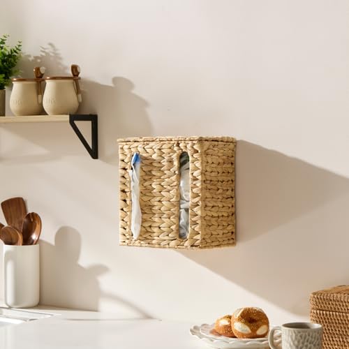 YANGQIHOME Water Hyacinth Trash Bag Dispenser with Lid | Plastic Bag Holder, Grocery Bag Holder, For Kitchen, Cabinet and Countertop, 2 Slots