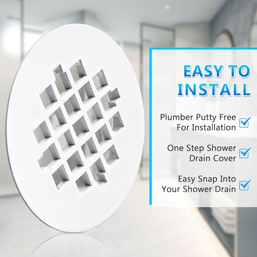 2 Pack 4-1/4 Snap in Shower Drain Cove White,PVC Plastic | Round Strainer Drain Grid, Bathroom Shower Grate Cap Replacement for Hair Catcher