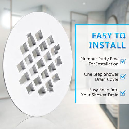 2 Pack 4-1/4 Snap in Shower Drain Cove White,PVC Plastic | Round Strainer Drain Grid, Bathroom Shower Grate Cap Replacement for Hair Catcher