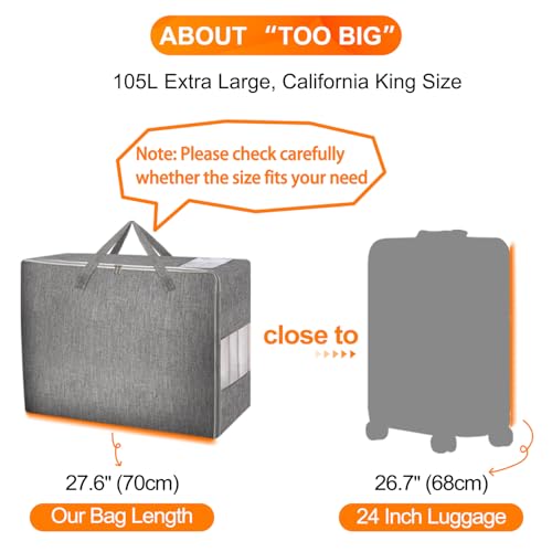 3 Pack 105L Comforter Storage Bags, Extra Large Bedding Storage Bags with Card and Clear Window, Reinforced Handles & Zippers, Foldable Closet Organizers for Blanket Pillow Clothes