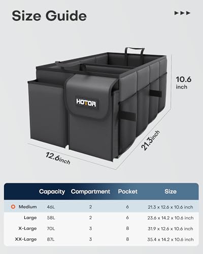 HOTOR Trunk Organizer - Foldable Car Organizer for SUVs & Sedans Storage | Sturdy Car Organization for Men & Women, Car Accessories, Tools, Sundries, Black, 2 Compartments, 21.3" x 12.6" x 10.6"