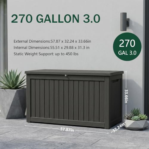 Outdoor Storage Box, 270 Gallon Waterproof Deck Box [Upgraded 3.0], Super-Sized Gas-Spring Resin Trunk for Large Seat Pillows, Heavy-Duty Lockable Backyard Storage Sofa, Garden Lawn, Black