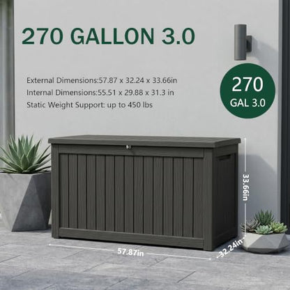 Outdoor Storage Box, 270 Gallon Waterproof Deck Box [Upgraded 3.0], Super-Sized Gas-Spring Resin Trunk for Large Seat Pillows, Heavy-Duty Lockable Backyard Storage Sofa, Garden Lawn, Black