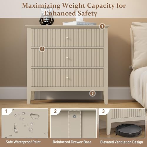 RoyalCraft Beige Fluted 3 Drawer Dresser, 32 inch Wide Dresser Nightstand for Bedroom, Modern Wood Chest of Drawers, Large Painted Nightstand with 3 Drawers for Closet, Hallway, Entryway