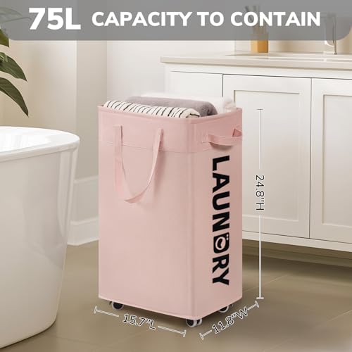 Goodpick 75L Laundry Hamper with Wheels, Dorm Room Essentials for Girls | Laundry Basket with Wheels, Collapsible Laundry Basket, Rolling Laundry Hamper with Handle for College Dorm,Pink