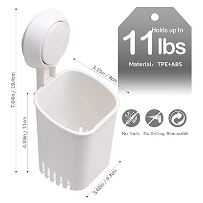 Powerful Suction Cup Toothbrush Holder, Drill-Free Wall Shower Holder for Toothbrush, Toothpaste, Razor, Removable Suction Cup in Shower, Self-draining Kitchen Tableware Organizer, White