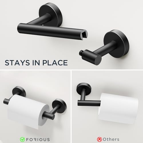 FORIOUS Bathroom Accessories, 4-Piece Bathroom Hardware Set - 24" Towel Bar | Matte Black | Towel Hooks, Towel Racks for Bathroom, Toilet Paper Holder Wall Mounted & Towel Ring | SUS304 Stainless Steel