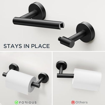 FORIOUS Toilet Paper Holder and Towel Ring Set, Bathroom Accessories Set | Matte Black | Double Post Pivoting Toilet Paper Holder Wall Mounted and Hand Towel Ring | SUS304 Stainless Steel | Round