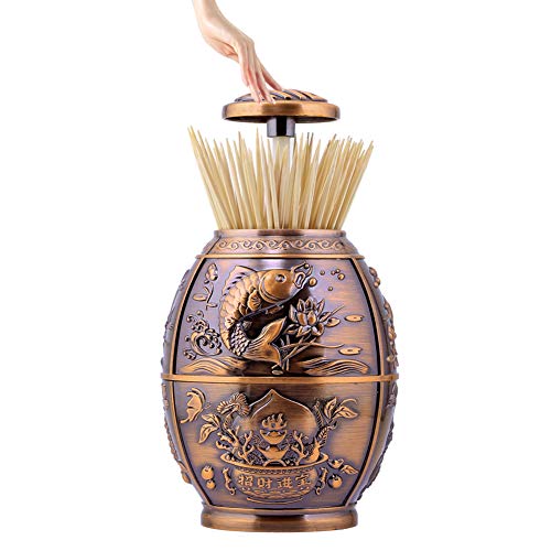 Push Style Retro Metal Automatic Toothpick Holder, House Warming Gifts, Retractable Toothpicks Case Can Box Organizer Storage Container, for Home Restaurant Café Club Bar Hotel ( Red Bronze )
