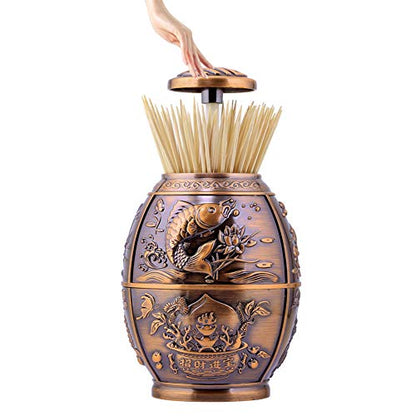 Push Style Retro Metal Automatic Toothpick Holder, House Warming Gifts, Retractable Toothpicks Case Can Box Organizer Storage Container, for Home Restaurant Café Club Bar Hotel ( Red Bronze )
